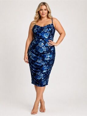 City Studios Foiled Mesh Floral Ruched Cowl Neck Bodycon Dress Blue 2X Plus NEW